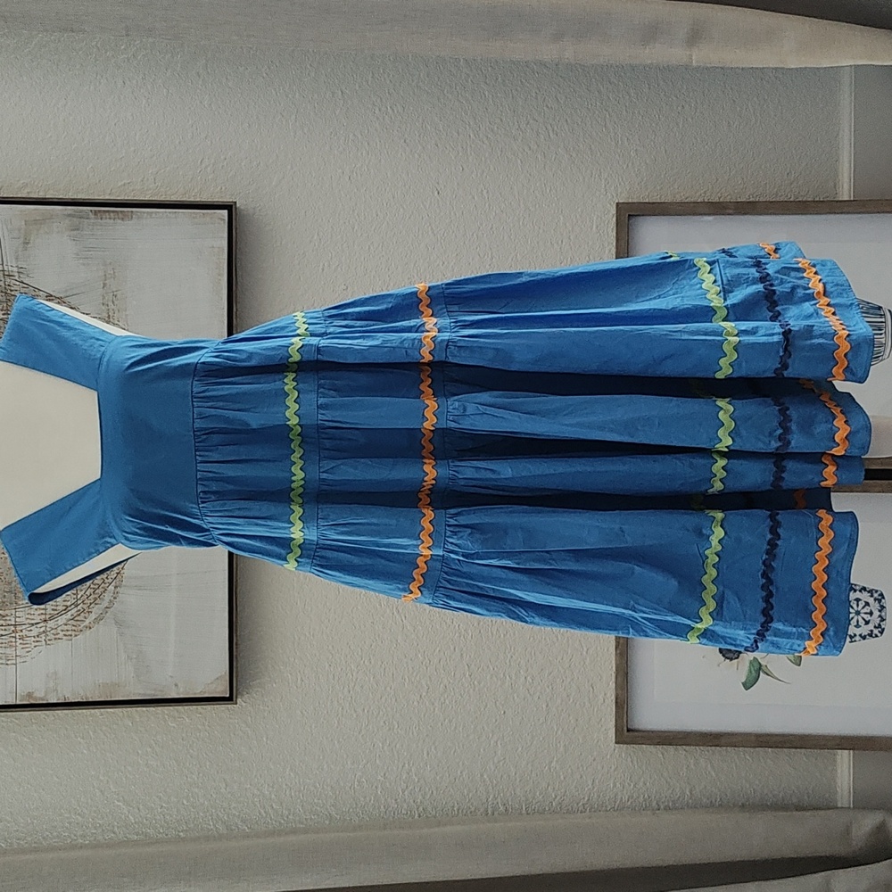 Anthropologie Blue Midi Dress with Green and Orange Trim
